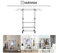 VARIVIDA Portant à vêtements triple double tige rétractable en acier inoxydable à roulettes L 90-144 x 42 x 70-150 cm