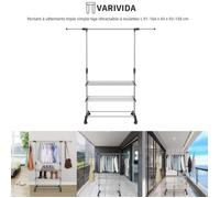 VARIVIDA Portant à vêtements triple simple tige rétractable en acier inoxydable à roulettes L 91-164 x 43 x 93-158 cm