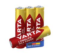Varta 4703 Pile Alcaline AAA 1.5V, Lot de 4, Cylindrique, Dimensions 44.5mm x 10.5mm, Technologie Usage Unique, Fabriquée en Allemagne