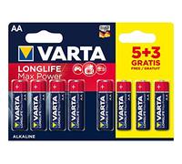 Varta 4706101428 Pile Alcaline Max Life (Max Tech) Longlife Max, Style AA LR6, Paquet de 5 + 3 Batteries - Conception peut Varier, Pack d’économies, Promotionnel