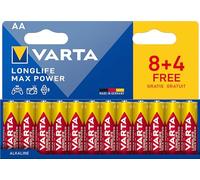 Varta Piles AA Longlife Max Power, Alcalines 1,5 V, 8+4 (lot de 12), emballage recyclé à 90%