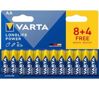 VARTA Piles AA, 8+4 (lot de 12), Longlife Power, Alcalines, 1,5V, emballage recyclé à 90%, adaptées aux jouets, souris sans fil, lampes de poche, Made in Germany