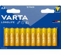 VARTA Piles AA, lot de 10, Longlife, Alcalines, 1,5V, adaptées aux télécommandes, réveils, radios, horloges murales, Made in Germany