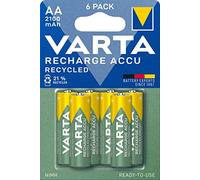 VARTA Piles AA, rechargeables, lot de 6, Recharge Accu Recycled, 2100 mAh Ni-Mh, fabriquées avec 21% de matériaux recyclés, préchargées, prêtes à l'emploi