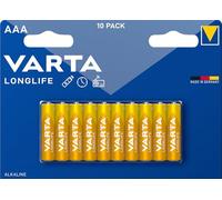 VARTA Piles AAA, lot de 10, Longlife, Alcalines, 1,5V, adaptées aux télécommandes, réveils, radios, horloges murales, Made in Germany