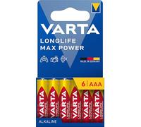 VARTA Piles AAA, lot de 6, Longlife Max Power, Alcalines, 1,5V, emballage recyclé à 90%, adaptées aux appareils photo numériques, contrôleurs, Made in Germany