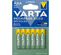 VARTA Piles AAA, rechargeables, lot de 6, Recharge Accu Recycled, 800 mAh Ni-Mh, fabriquées avec 21% de matériaux recyclés, préchargées, prêtes à l'emploi