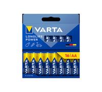 VARTA Piles AA, lot de 16, Longlife Power, Alcalines, 1,5V, emballage recyclé à 90%, adaptées aux jouets, souris sans fil, lampes de poche, Made in Germany