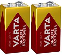 VARTA Piles Pile Bloc 9V, Lot de 2, Longlife Max Power, Alcaline, pour détecteurs d'incendie, détecteurs de fumée, Microphones
