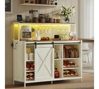 VASAGLE Bar à Café avec Multiprise, LED à Commande Vocale, Meuble Buffet avec Porte Coulissante, Crochets en S, Porte-Verres à Vin, Porte-Bouteilles, Blanc Rustique et Marron Miel LSC201WJ02