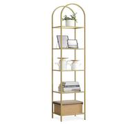 VASAGLE Bibliothèque 5 Niveaux, Étagère de Rangement en Verre Trempé, Dessus Arqué, Structure en Métal, pour Salon, Chambre, Bureau, Salle de Bain, Doré Métallique et Transparent LGT501A01