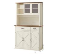 VASAGLE Buffet de Cuisine avec Lumières et Chargeur, avec Portes et Tiroirs, 39,5 x 106,5 x 180,6 cm, Blanc Rustique et Marron Miel