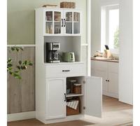 VASAGLE Buffet Haut Cuisine, Meuble de Rangement, Garde-Manger, Vaisselier, avec Portes en Verre et Étagères Réglables, Trou de Passage des Câbles, pour Micro-Ondes, Style Moderne, Blanc LSC361W21