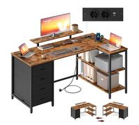 VASAGLE Bureau d’Angle en Forme de L, Prises Intégrées, Bureau Informatique, Configuration Réversible, Étagères Réglables, 4 Tiroirs, 2 Ports USB, 140 x 80 cm, Marron Rustique LWD172KD01