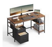 VASAGLE Bureau d’Ordinateur, Table avec Rangement, 3 Étagères, 2 Tiroirs, 140 x 60 x 76 cm, pour Bureau, Salon, Style Industriel, Marron Rustique et Noir Mat LWD104B01