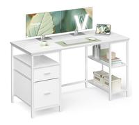 VASAGLE Bureau d’Ordinateur, Table avec Rangement, 3 Étagères, 2 Tiroirs, 140 x 60 x 76 cm, pour Bureau, Salon, Style Moderne, Blanc Érable et Blanc Nuage LWD104WF01