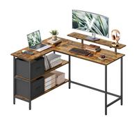 VASAGLE Bureau d'Ordinateur en Forme de L, Bureau d'angle, 2 Tiroirs Spacieux, Support de Moniteur, Étagère Réglable, Marron Rustique et Noir d’Encre LWD098B01
