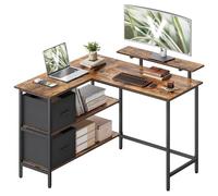 VASAGLE Bureau d'Ordinateur en Forme de L, Bureau d'angle, 2 Tiroirs Spacieux, Support de Moniteur, Étagère Réglable, Marron Rustique et Noir d’Encre LWD097B01
