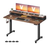VASAGLE Bureau Électrique Réglable en Hauteur, Table Assis-Debout, 140 x 60 x (72-120) cm, Réglable en Continu, Support Écran, Multiprise, Crochet, Fonction Mémoire, Marron Rustique LSD184KD02