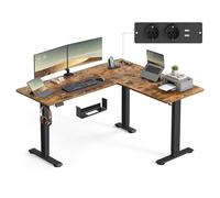 VASAGLE Bureau Électrique Réglable en Hauteur, Table d’Angle en L, 140 x 160 cm, avec Multiprise, Fonction Mémoire 2 Hauteurs, pour Télétravail, Marron Rustique et Noir d’Encre LSD264K01
