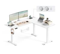 VASAGLE Bureau Électrique Réglable en Hauteur, Table d’Angle en L, 140 x 160 cm, avec Multiprise, Fonction Mémoire 2 Hauteurs, pour Télétravail, Blanc Nuage et Blanc Mat LSD264W01