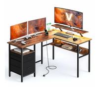VASAGLE Bureau en L avec Multiprise, d’Angle, Informatique avec Rehausseur d’Écran, Gaming LED, 2 Tiroirs, 2 Ports USB, Facile à Monter, Marron Rustique et Noir d’Encre LWD095K01