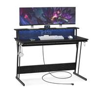 VASAGLE Bureau Gaming avec LED et Multiprise, Table Gamer, Bureau Informatique avec Rehausseur d’Écran, pour 2 Ordinateurs, pour Chambre, 60 x 120 x 76 cm, Noir Boisé LWD192B56