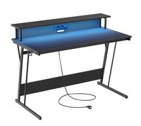 VASAGLE Bureau Gaming avec LED et Multiprise, Table Gamer, Bureau Informatique avec Rehausseur d’Écran, pour 2 Ordinateurs, pour Chambre, 60 x 120 x 76 cm, Noir Carbone LWD192B02