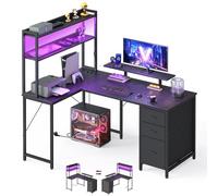 VASAGLE Bureau Gaming d'angle Réversible, Prises USB & LED, Table en L Étagères, Support d'Écran 3 Tiroirs Rangement, 140 x 100 cm, Travail Domicile & Gaming, Noir Boisé et Noir Mat LWD162B101