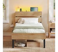 VASAGLE Cadre de Lit 90 x 190 avec Sommier Métal, Lit 1 Personne, Éclairage LED, Port USB et Type-C, Espace de Rangement en Dessous, Style Industriel, Montage Facile, Marron Naturel RMB101K01