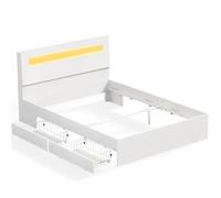 VASAGLE Cadre de Lit Double, 140 x 190 cm, avec LED, Multiprise, 2 Tiroirs | Tiroirs Coulissants, avec Sommier, en MDF et Acier, Style Moderne, Blanc Mat, Collection KAILYN RMB953W01