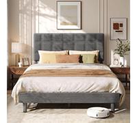 VASAGLE Cadre de Lit Double 140x190 cm, Tête de Lit Gaufre Rembourrée Ajustable, Métal & Bois Massif, Moderne, Gris Ardoise RMB183G101