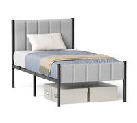 VASAGLE Cadre de lit simple 90 x 200 cm avec tête de lit rembourrée en | Cadre de lit, montage facile, supporte jusqu'à 250 kg, gris tourterelle, collection DUPON RMB972G01