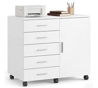 VASAGLE Caisson de Bureau, Meuble de Rangement avec 5 Tiroirs et 1 Porte, Support Imprimante sur roulettes, 80 x 40 x 65 cm, Blanc, pour Bureau à Domicile, Collection Custos OFC092WB02