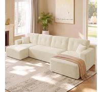 VASAGLE Canapé d'angle Convertible en Velours Côtelé, Banquette Lit Modulable, Canapé Compressé, 336 x 154 x 89 cm, Blanc Chaud Clair, Meubles de Salon, Collection Camila LCS189W101