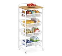 VASAGLE Chariot de Rangement à 5 Niveaux, avec Paniers Extractibles, Étagère de Cuisine avec roulettes, avec Poignée, 31,7 x 40 x 95 cm, Doré Chêne et Blanc Mat LRC041YA01