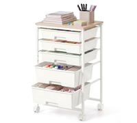 VASAGLE Chariot de Rangement à roulettes, 5 Niveaux avec 5 Tiroirs | Plateau en Bois, Cadre en Acier, 39,5 x 28,5 x 63 cm, pour Bureau, Chambre, Blanc, Collection BENCO LRC005W101