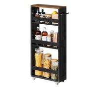 VASAGLE Chariot de Rangement Fin à 4 Niveaux, Étagère de Cuisine avec roulettes, avec Poignée, Petit Espace, 15 x 43,2 x 86,5 cm, Salle de Bain, Buanderie, Noir Boisé et Marron Rustique LRC050K02