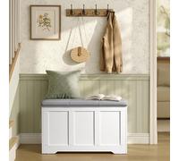 VASAGLE Coffre de Rangement avec Couvercle, 2 Charnières de Sécurité, Banc à Chaussures, Style Champêtre, pour Couloir, Chambre, Salon, 41 x 81 x 49 cm, Blanc Mat et Gris Tourterelle LSB067W101