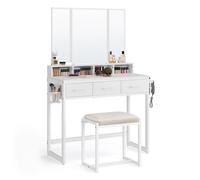 VASAGLE Coiffeuse avec 3 Miroirs, 3 Tiroirs, Tabouret, Porte-sèche-Cheveux, Pot, 90 x 40 x 141 cm, Style Moderne, Blanc
