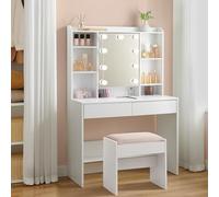 VASAGLE Coiffeuse avec Éclairage LED, Luminosité Réglable, Table de Maquillage avec Miroir, Tabouret, Grand, Étagère Réglable, 2 Tiroirs, Style Moderne, Blanc Nuage et Rose Bonbon RDT726W01