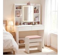 VASAGLE Coiffeuse avec Éclairage LED, Tabouret de Maquillage, 2 tiroirs, Moderne, 40 x 90 x 144,7 cm, Blanc
