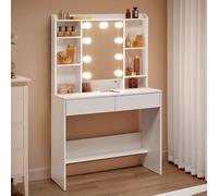 VASAGLE Coiffeuse avec Lumières LED, 3 Tonalités et Luminosité Réglable, Table de Maquillage Moderne avec Miroir, 9 Ampoules, Étagères Réglables, 2 Tiroirs, Blanc Nuage RDT126W01