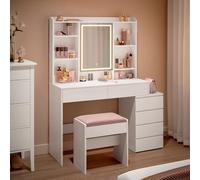 VASAGLE Coiffeuse avec Miroir et Tabouret, LED 3 Luminosités Réglables, Table de Maquillage, Tiroirs, Compartiments Ouverts, Étagères Réglables, Moderne, Blanc Nuage, Kailyn Collection RDT624W01V1-01