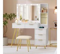 VASAGLE Coiffeuse avec Miroir et Tabouret, Table de Maquillage avec Tiroirs, Loupe 10x, Éclairage LED, Plateau à Bijoux, Multiprise, 40 x 110 x 135 cm, Blanc Nuage RVT020WB01