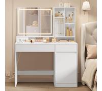VASAGLE Coiffeuse avec Miroir LED, 9 Ampoules, 2 Tiroirs, 3 Compartiments | Vanity Maquillage, 110 x 40 x 138 cm, Luminosité Réglable, Meuble Chambre, Blanc Nuage, Collection KAILYN RDT634W01