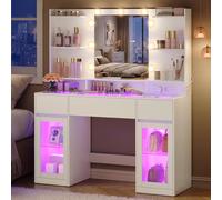 VASAGLE Coiffeuse avec Miroir LED et Éclairage RGB, Prises, Table de Maquillage, Plateau en Verre, Armoires de Rangement, 107 x 40 x 144,5 cm, Blanc, Chambre, Collection Kailyn RDT145WB01