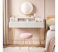 VASAGLE Coiffeuse avec Miroir Pivotant et Taboutret, Miroir Coiffeuse, avec Éclairage et Multiprise, Tabouret Rembourré, pour Chambre, Coiffeuse, 40 x 100 x 134,8 cm, Blanc mat et Doré Clair RVT619W01