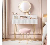 VASAGLE Coiffeuse avec Miroir Pivotant et Taboutret, Miroir Coiffeuse, avec Éclairage et Multiprise, Tabouret Rembourré, pour Chambre, Coiffeuse, 40 x 80 x 134,8 cm, Blanc Mat et Doré Clair RVT019W01