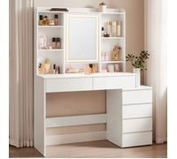 VASAGLE Coiffeuse, Grand Miroir LED à Luminosité Réglable, L-100cm, Compartiments Ouverts, Étagères Réglables, Blanc